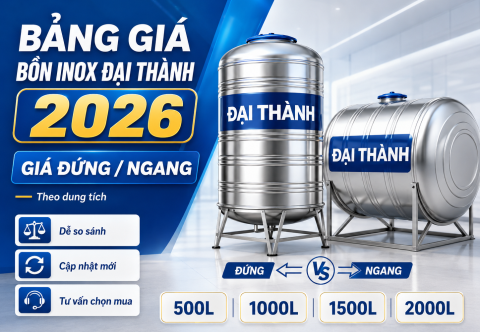 Bảng giá bồn inox Đại Thành 2026: giá đứng/ngang theo dung tích và cách chọn đúng