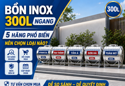 Bồn nước inox 300L ngang: giá, kích thước và so sánh hãng chi tiết 2026