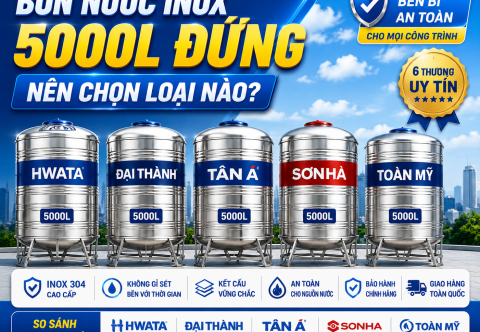 Bồn nước inox 5000L đứng: giá, kích thước và so sánh hãng 2026