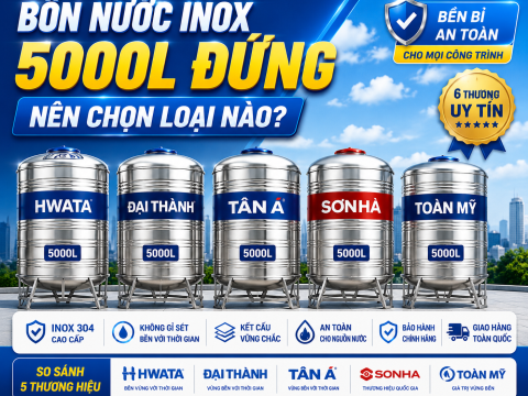 Bồn nước inox 5000L đứng: giá, kích thước và so sánh hãng 2026