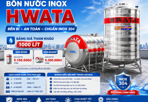 Bồn nước inox Hwata 1000L: giá đứng/ngang, kích thước và cách chọn đúng