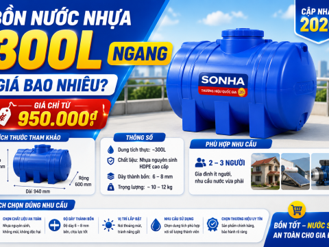 Bồn nước nhựa 300L ngang: giá, kích thước và cách chọn đúng nhu cầu