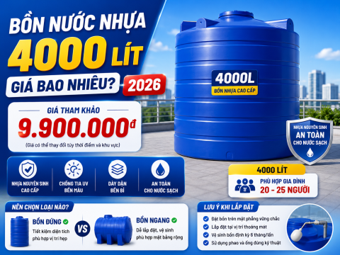 Bồn nước nhựa 4000 lít giá bao nhiêu? Bảng giá, kích thước và cách chọn 4 khối