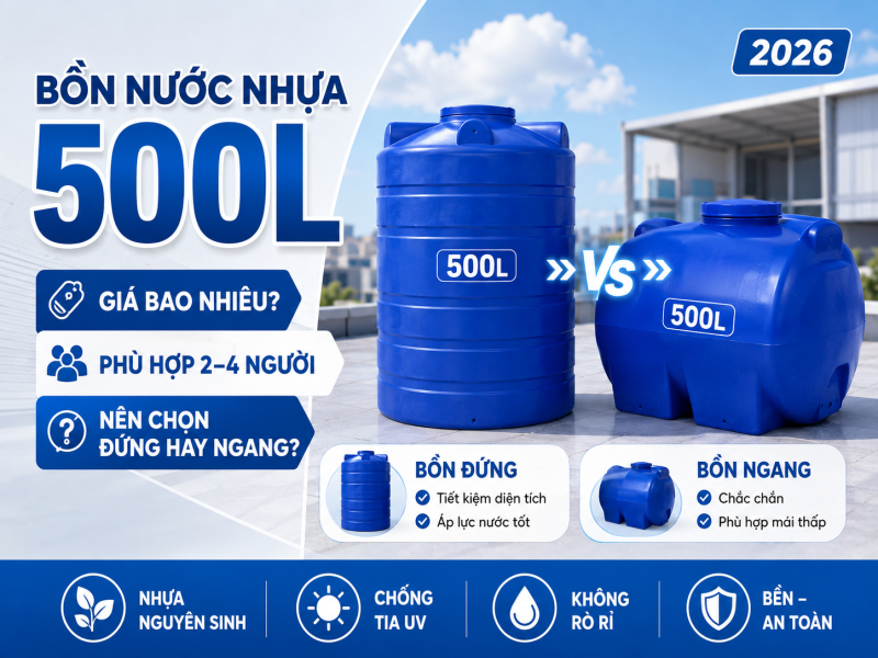 Bồn nước nhựa 500L: giá bao nhiêu, phù hợp mấy người, nên chọn đứng hay ngang?