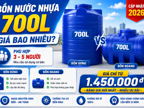 Bồn nước nhựa 700L: giá bao nhiêu, phù hợp mấy người, nên chọn đứng hay ngang?