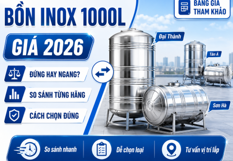 Giá bồn inox 1000 lít 2026: bảng giá từng hãng đứng/ngang và cách chọn