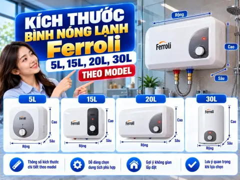 Kích Thước Bình Nóng Lạnh Ferroli 20L, 15L, 30L, 5L Theo Model