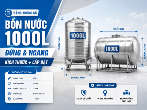 Kích thước bồn nước 1000L đứng, ngang: bảng thông số và lưu ý lắp đặt