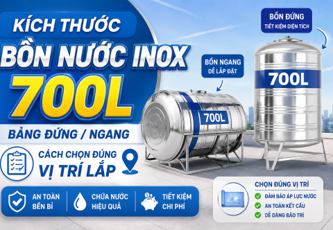 Kích thước bồn nước inox 700L: Bảng đứng/ngang và cách chọn đúng vị trí lắp