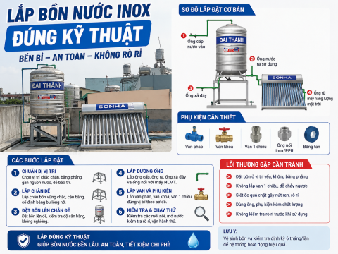 Lắp bồn nước inox đúng kỹ thuật: sơ đồ, phụ kiện, các bước và lỗi cần tránh