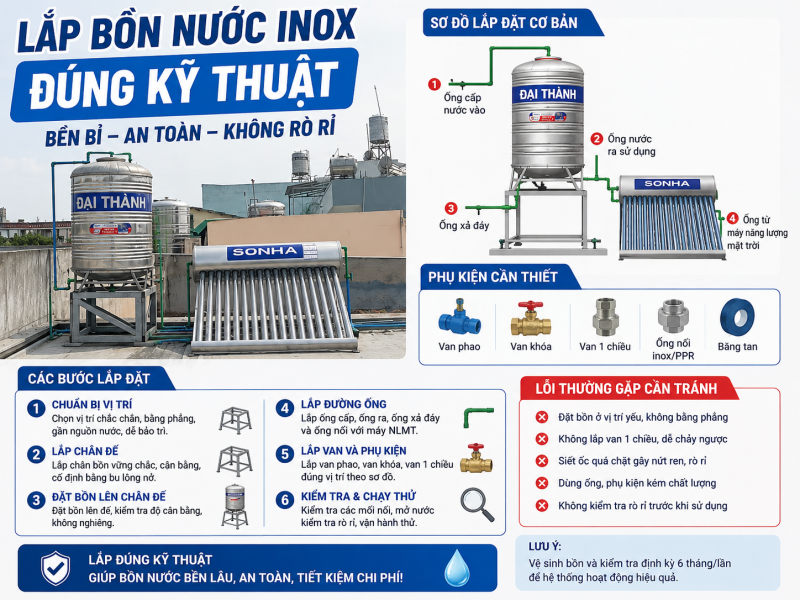 Lắp bồn nước inox đúng kỹ thuật: sơ đồ, phụ kiện, các bước và lỗi cần tránh