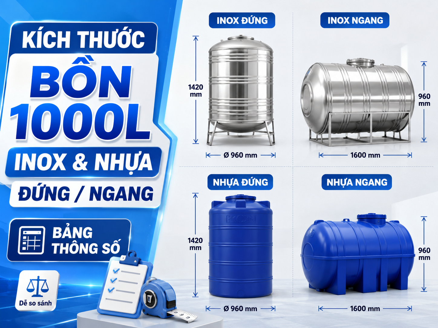 Kích thước bồn nước 1000L đứng ngang Kích thước bồn nước 1000L đứng ngang inox và nhựa