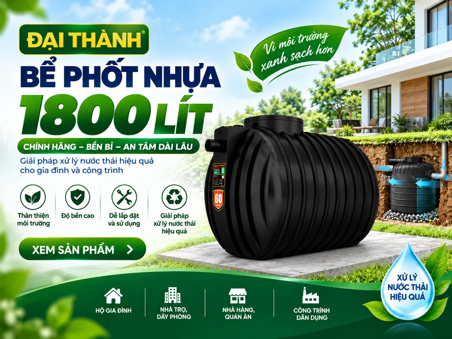 bể phốt nhựa 1800 lít chính hãng dạng nằm ngang