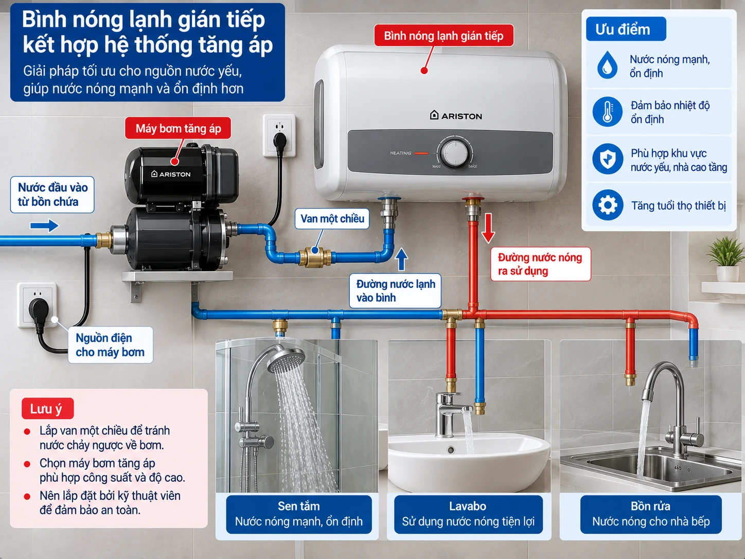 Bình gián tiếp kết hợp bơm tăng áp Bình nóng lạnh gián tiếp kết hợp hệ thống tăng áp