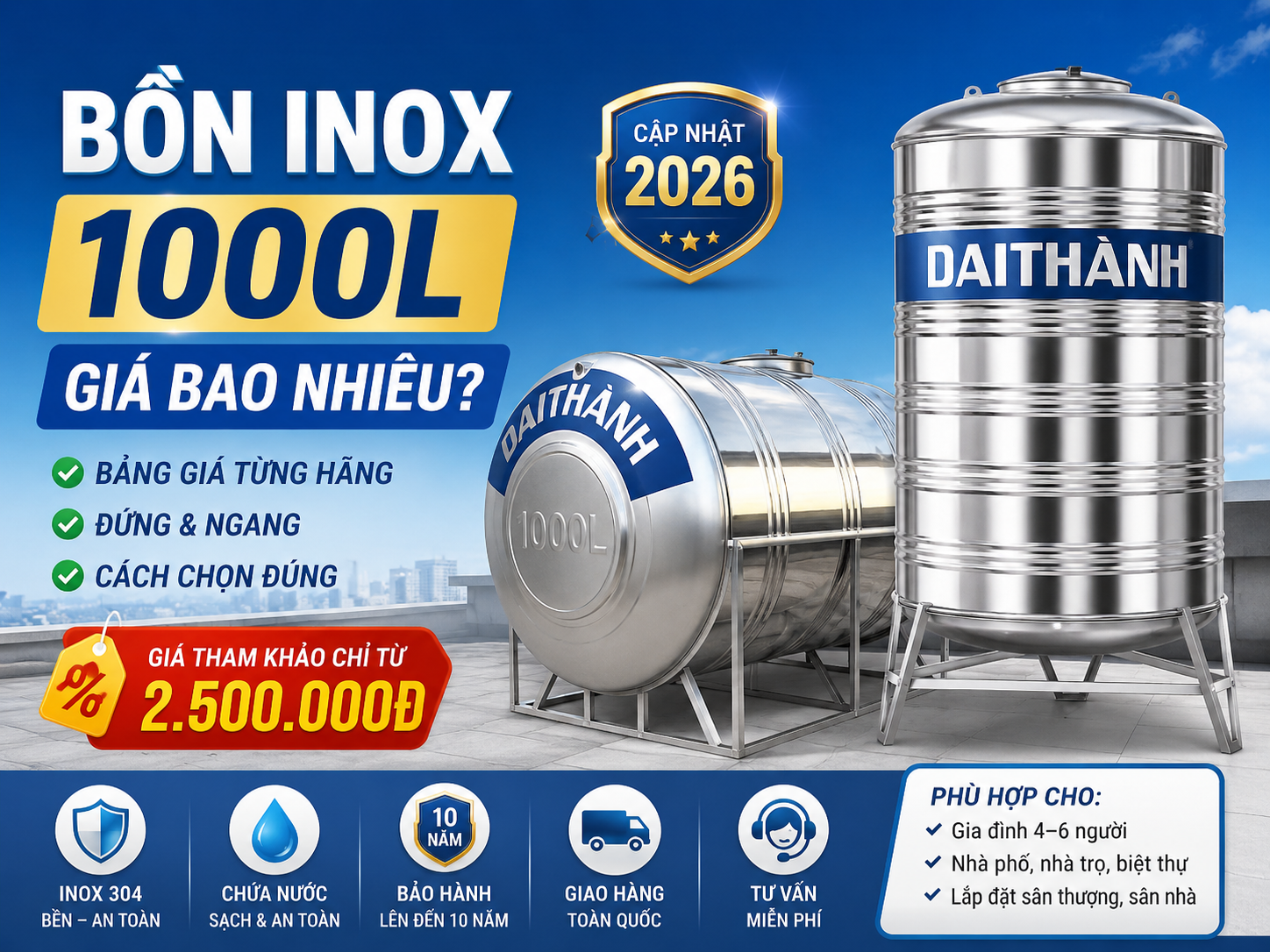bồn inox 1000L giá bao nhiêu bảng giá từng hãng đứng ngang