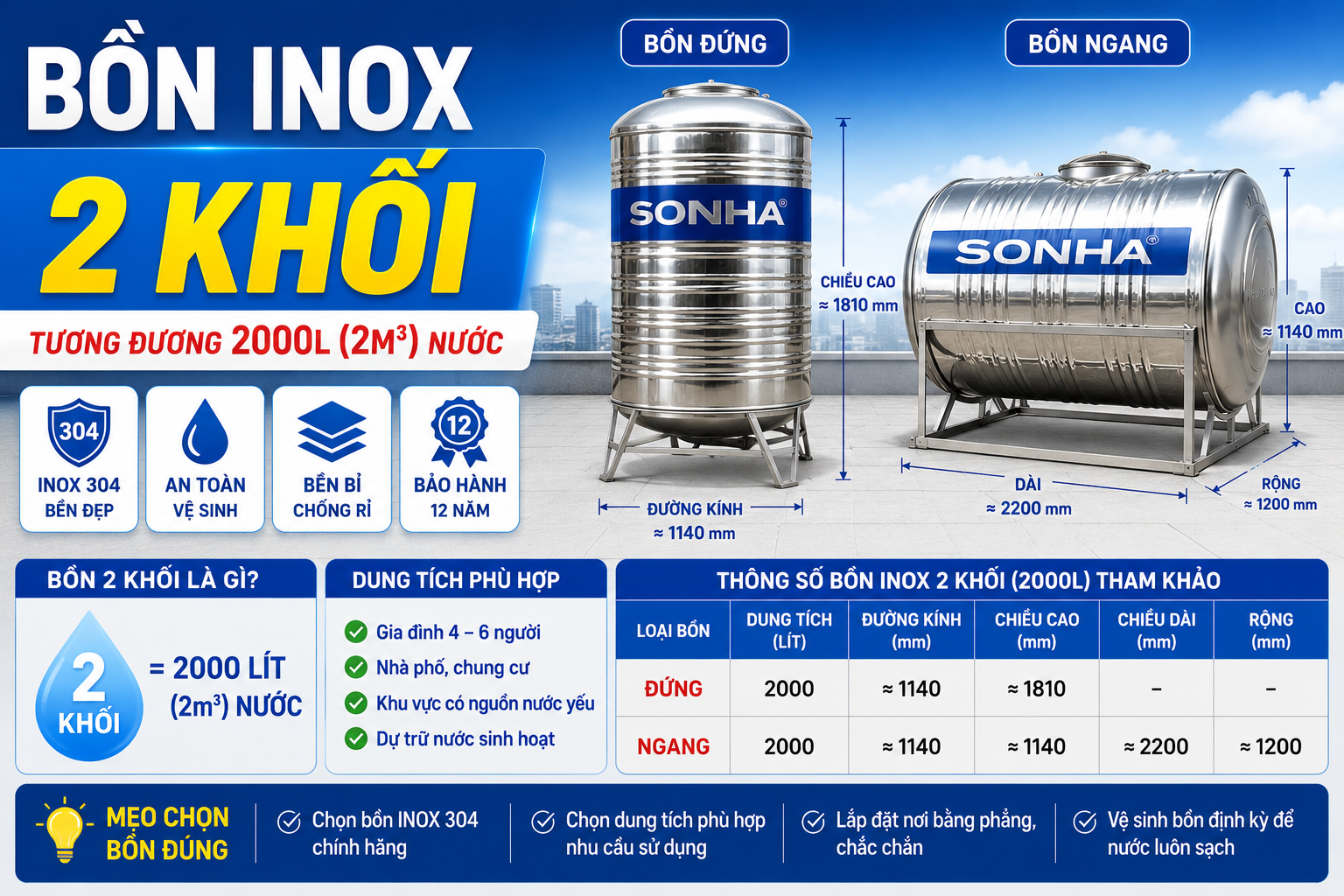 Bồn inox 2 khối là 2000L Bồn inox 2 khối tương đương 2000L hoặc 2m3 nước