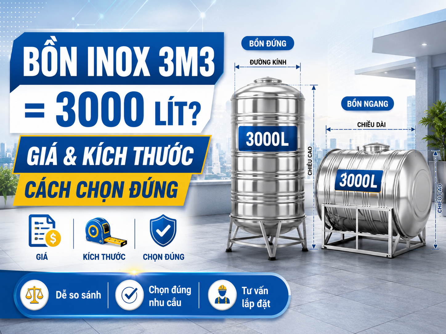 Bồn inox 3m3 tương đương 3000L hoặc 3 khối nước