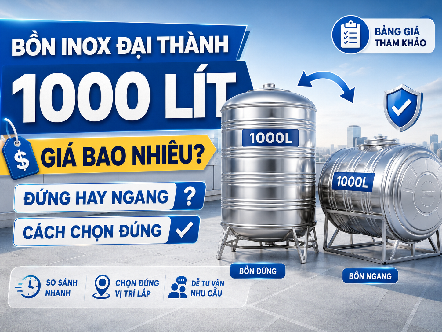 bồn inox đại thành 1000 lít đứng và ngang