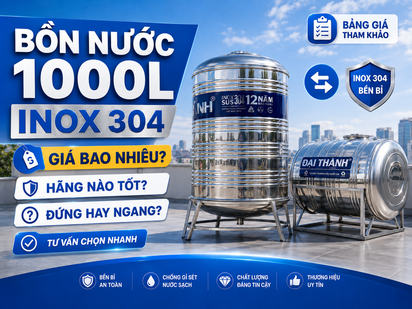 bồn nước 1000L inox 304 đứng và ngang