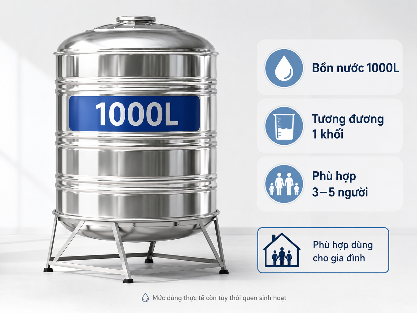 bồn nước 1000L tương đương 1 khối phù hợp gia đình 3 đến 5 người
