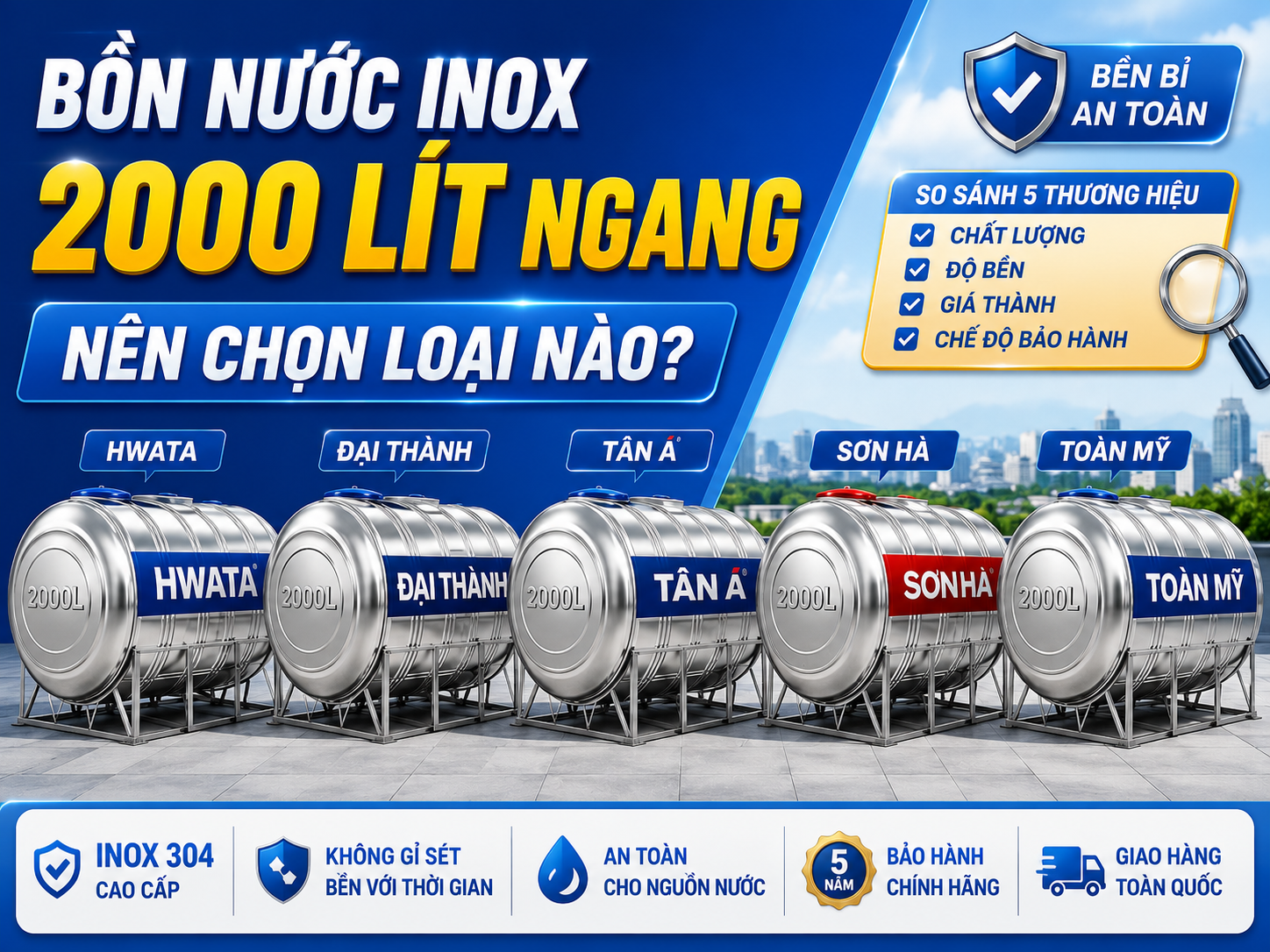 bồn nước inox 2000 lít ngang lắp trên sân thượng nhà phố