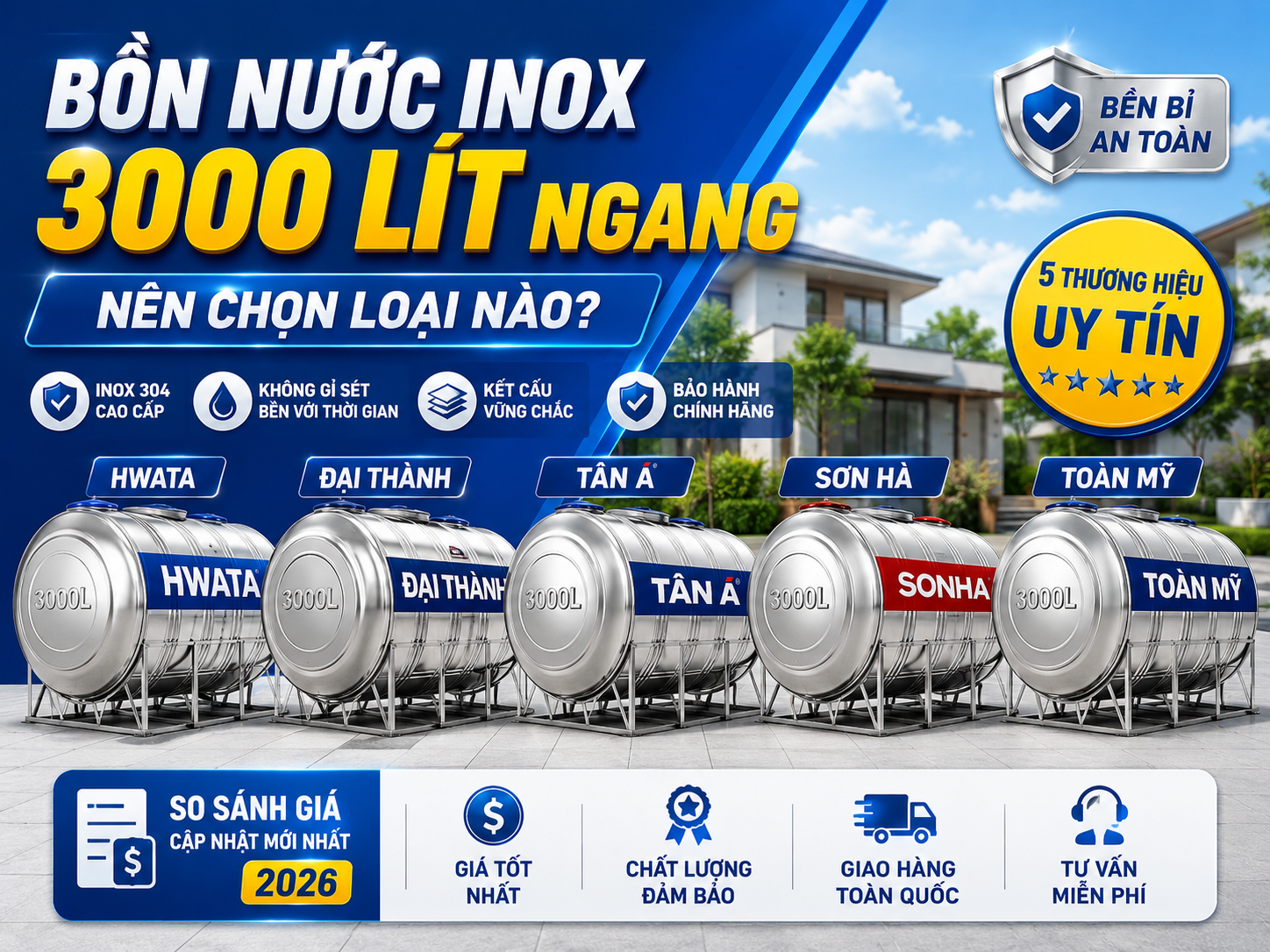 Bồn nước inox 3000 lít ngang chính hãng Bồn nước inox 3000 lít ngang chính hãng