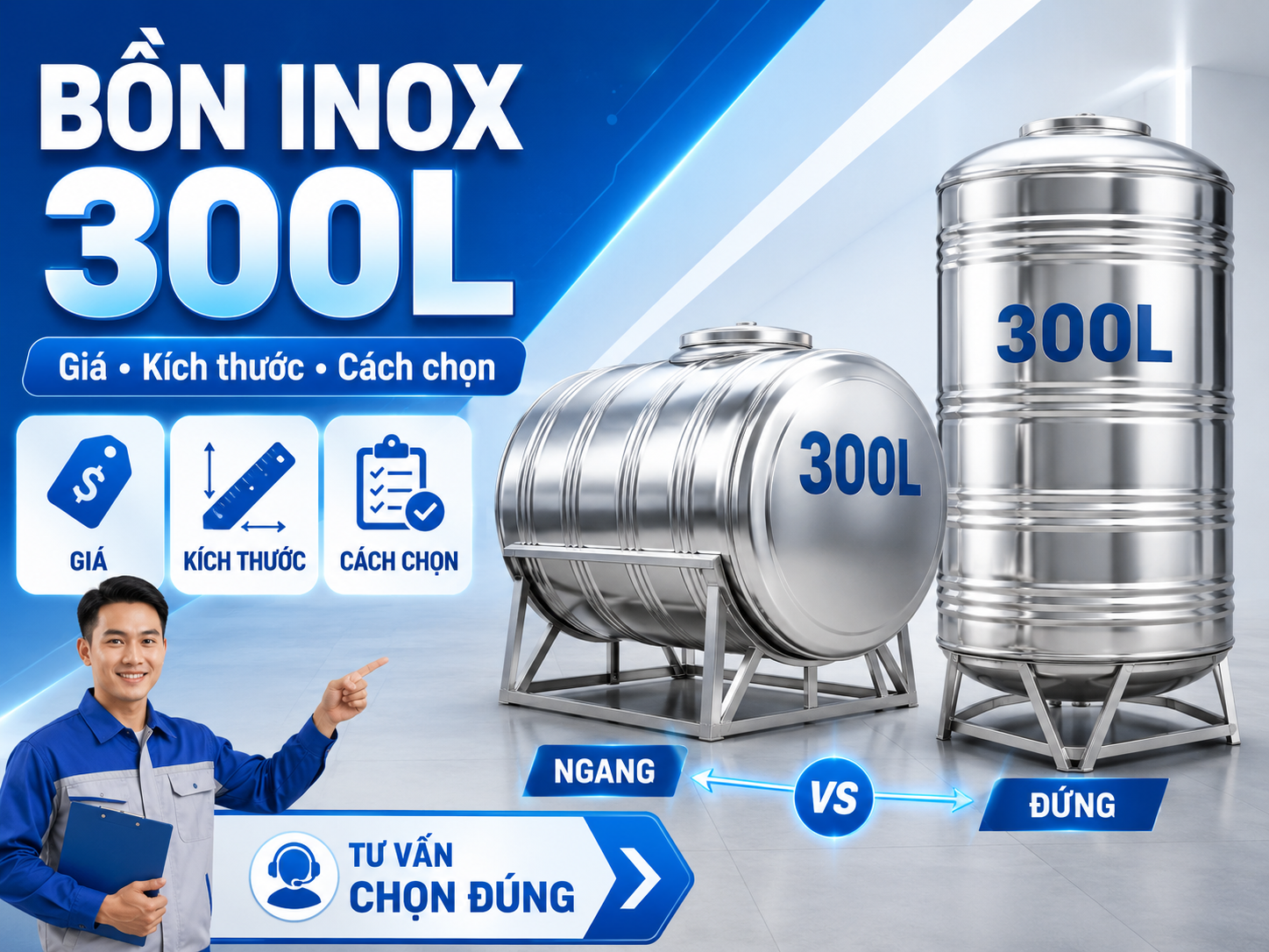 Bồn nước inox 300 lít chính hãng cho nhà ít người Bồn nước inox 300 lít chính hãng cho nhà ít người