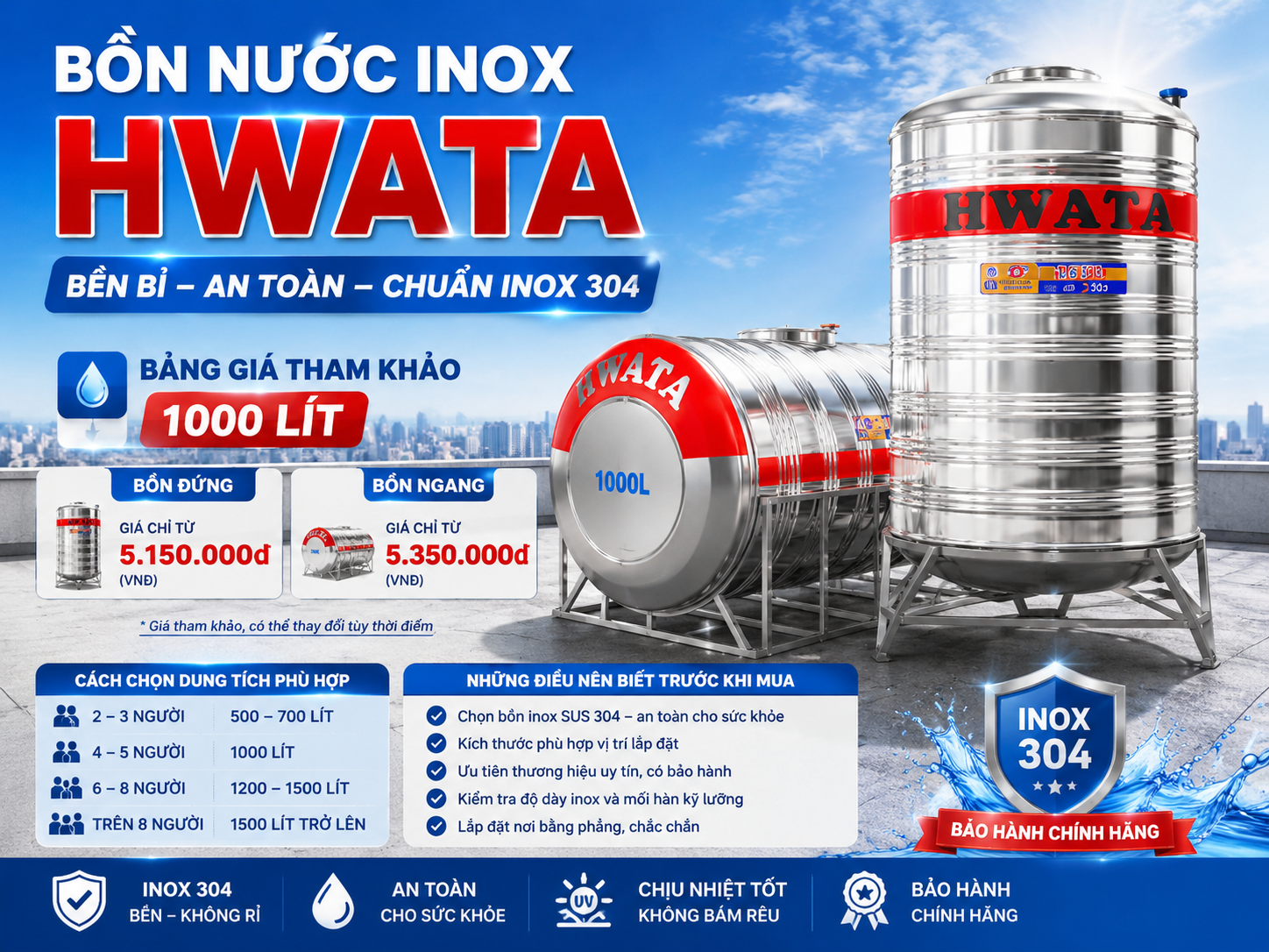 bồn nước inox Hwata 1000L đứng và ngang