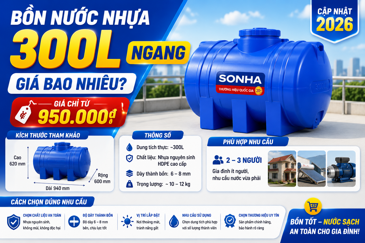 bồn nước nhựa 300L ngang cho phòng trọ nhà nhỏ và khu phụ trợ