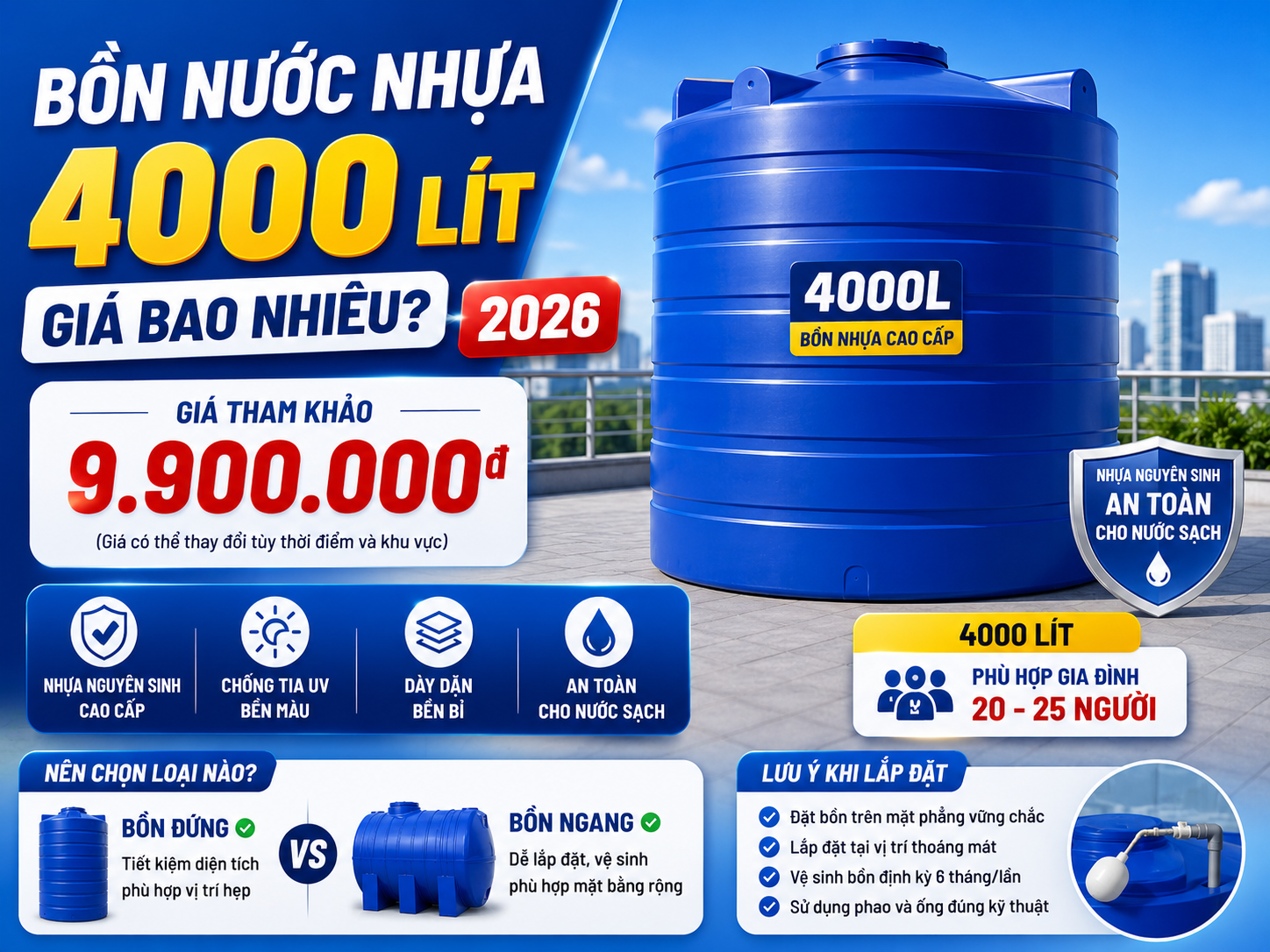 bồn nước nhựa 4000 lít giá bao nhiêu theo hãng và kiểu đứng ngang