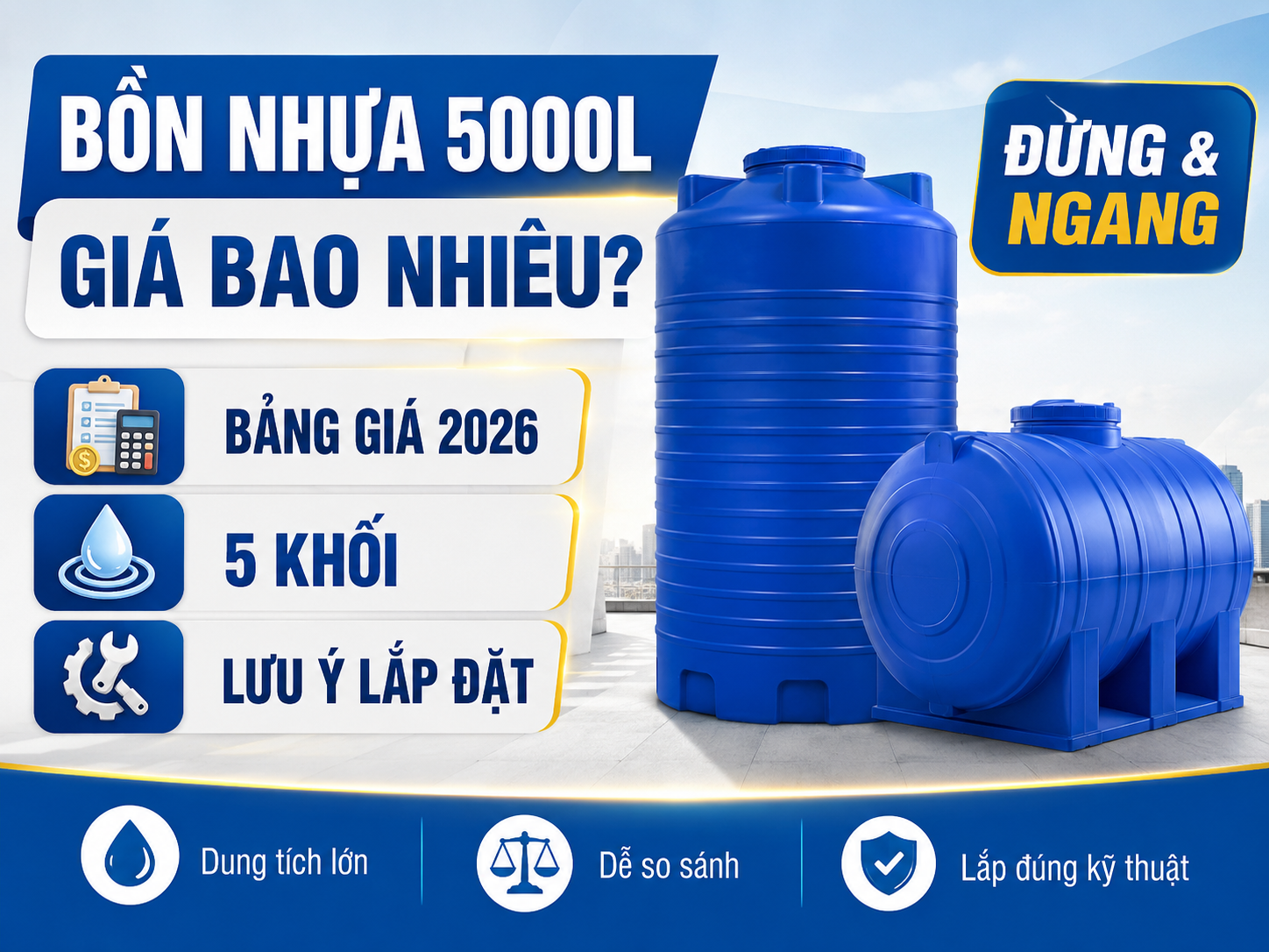 bồn nước nhựa 5000 lít giá bao nhiêu theo loại đứng ngang