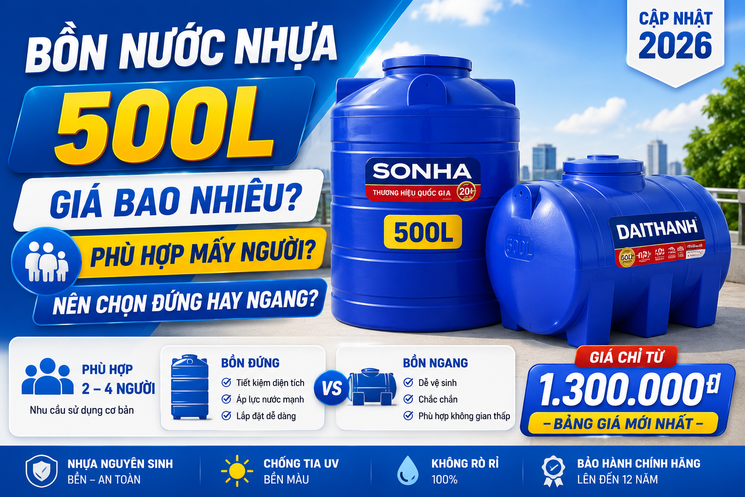 bồn nước 500L nhựa phù hợp gia đình nhỏ và phòng trọ