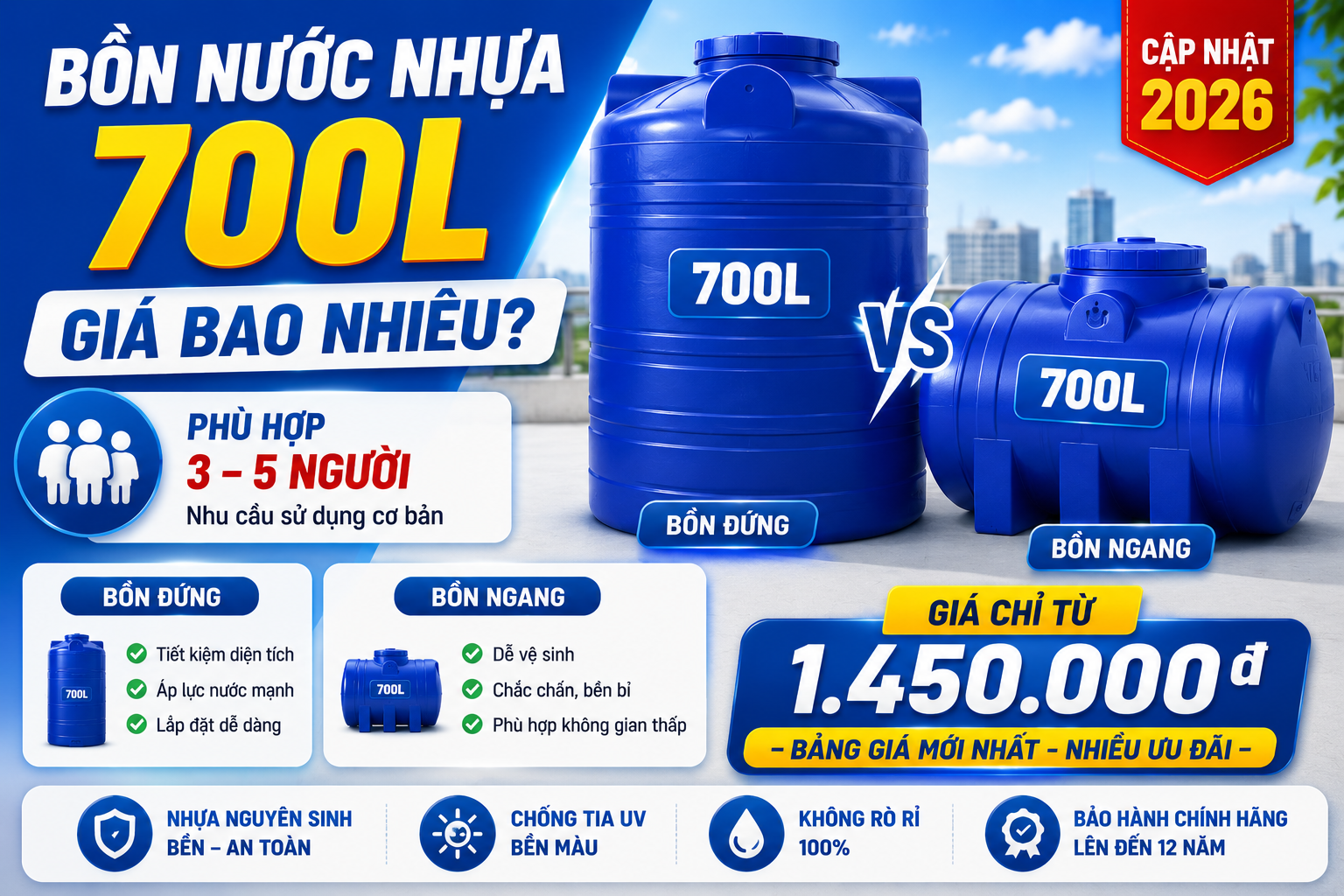 bồn nước nhựa 700 lít cho gia đình nhỏ và vừa