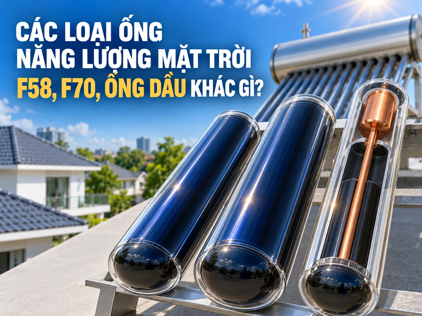 Các loại ống năng lượng mặt trời phổ biến Các loại ống năng lượng mặt trời gồm ống chân không, ống dầu, F58 và F70