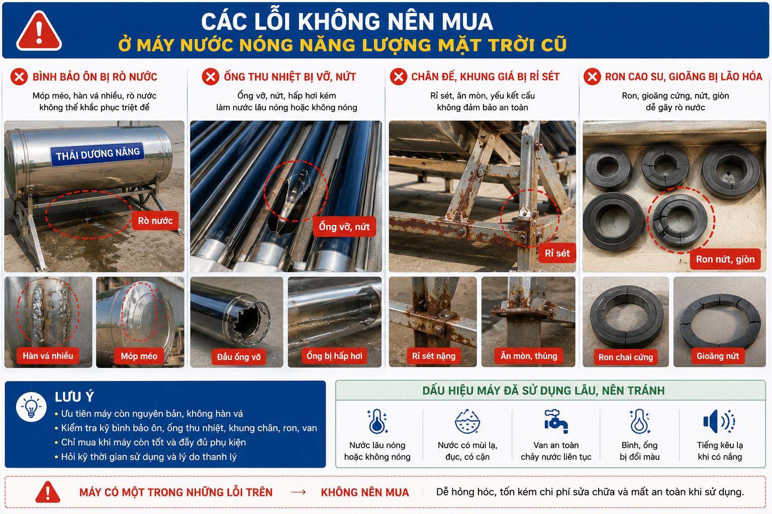 các lỗi không nên mua ở máy nước nóng năng lượng mặt trời cũ như bình rò ống vỡ chân rỉ