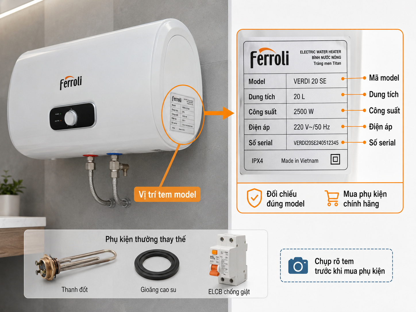 Cách đọc tem model máy nước nóng Ferroli trước khi mua phụ kiện chính hãng đúng model