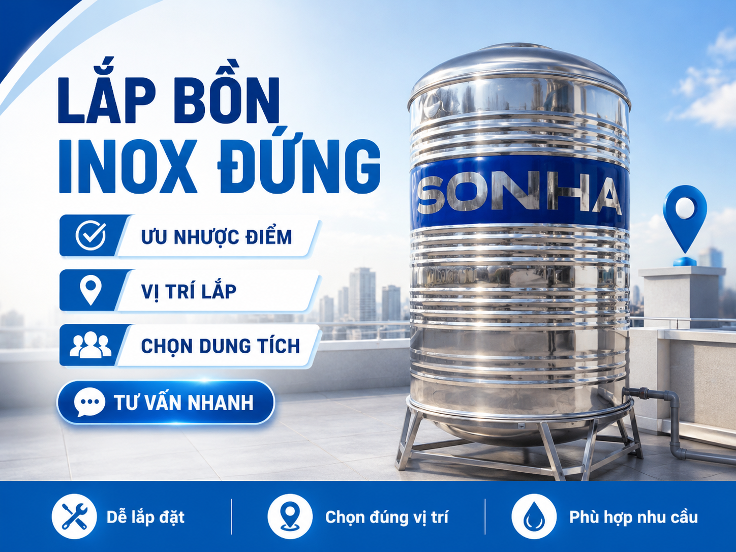 cách lắp bồn nước inox đứng trên chân bồn đúng kỹ thuật