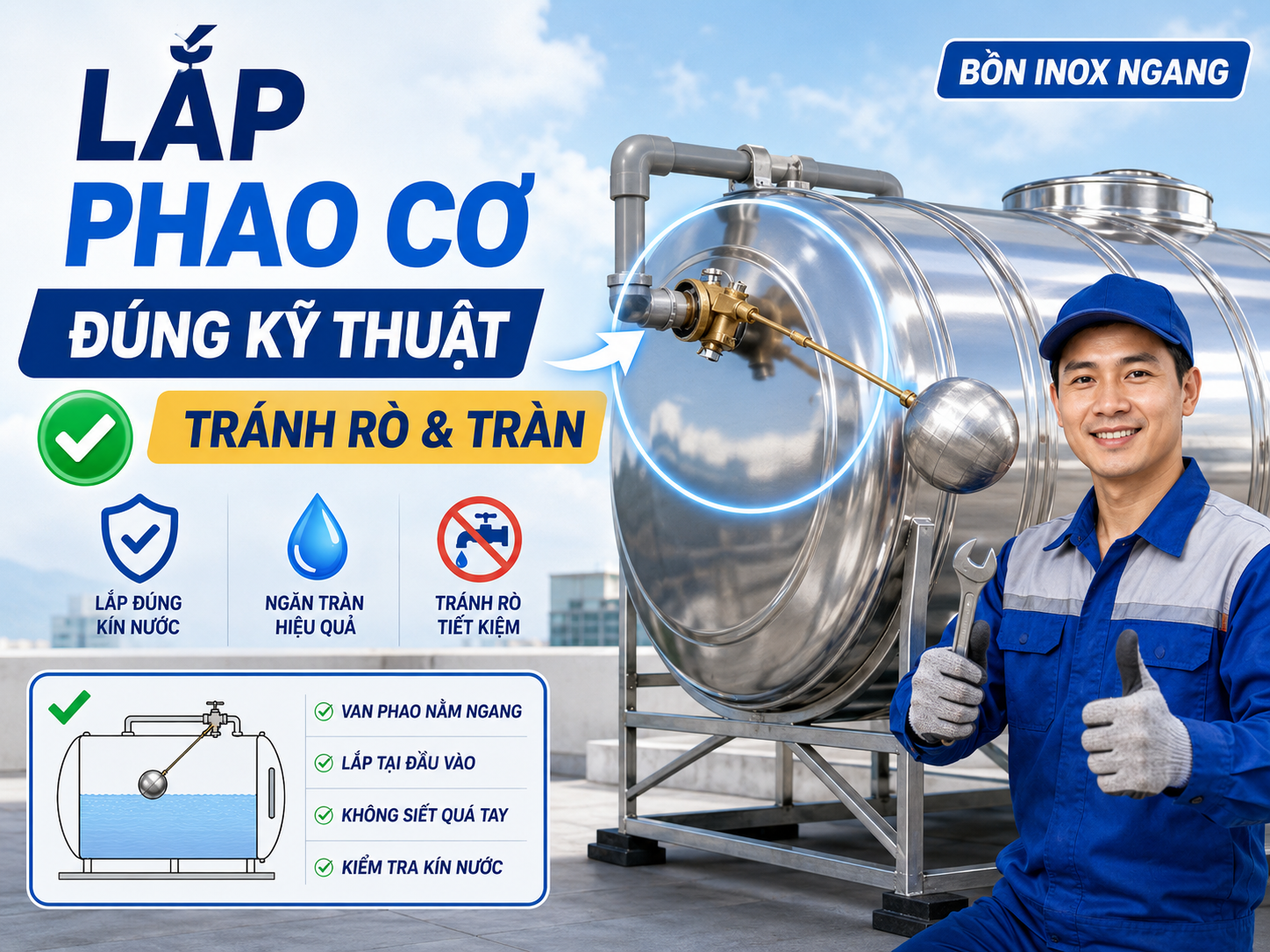 Cách lắp phao cơ cho bồn nước inox ngang đúng kỹ thuật