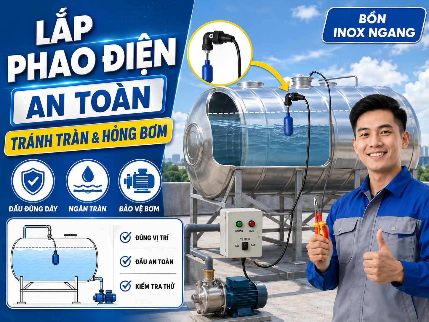 Cách lắp phao điện cho bồn nước inox ngang an toàn
