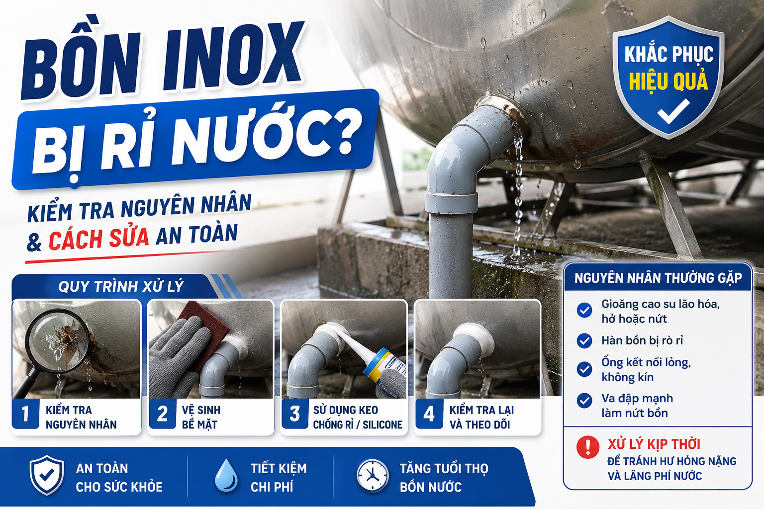 Cách xử lý bồn inox bị rỉ nước an toàn trên sân thượng
