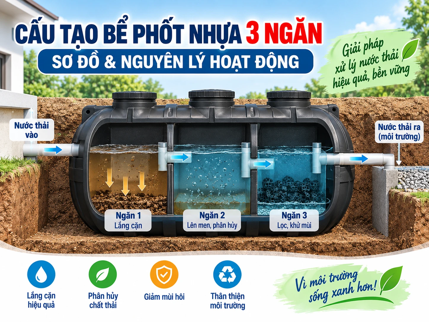 Sơ đồ cắt lớp cấu tạo bể phốt nhựa 3 ngăn Cấu tạo bể phốt nhựa 3 ngăn gồm ngăn chứa ngăn lắng ngăn lọc