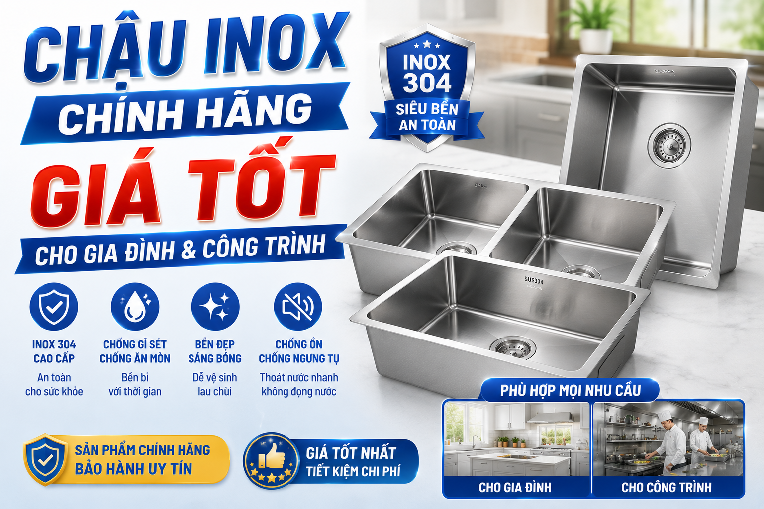 Chậu inox chính hãng cho gia đình và công trình