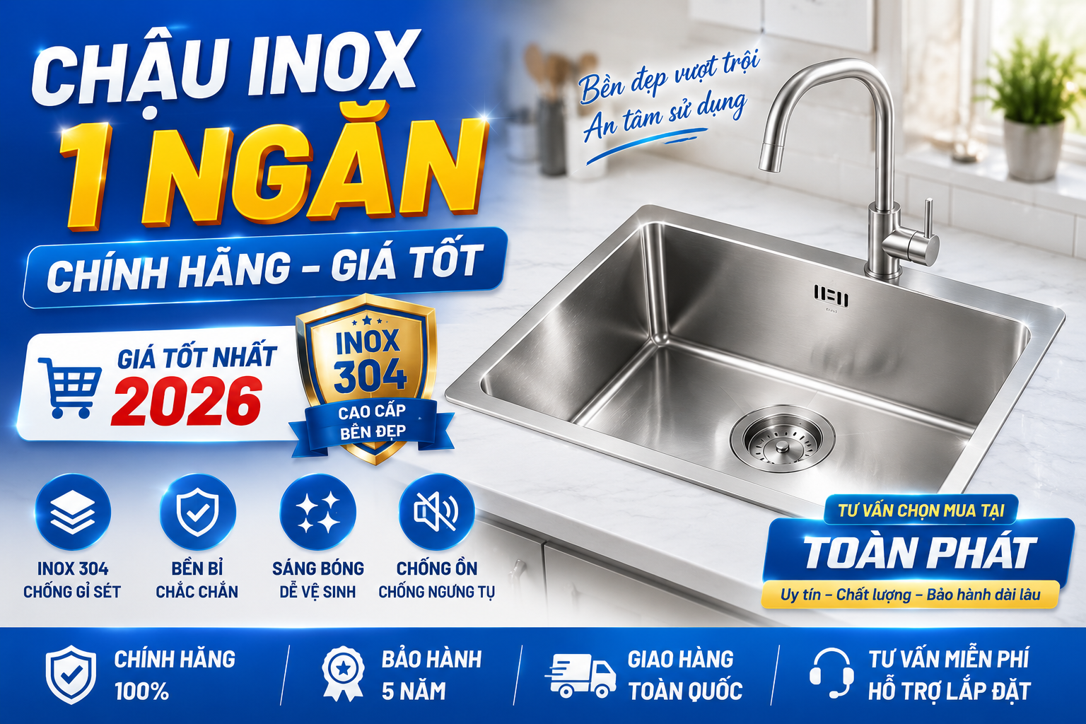 Chậu inox một ngăn chính hãng cho bếp nhỏ