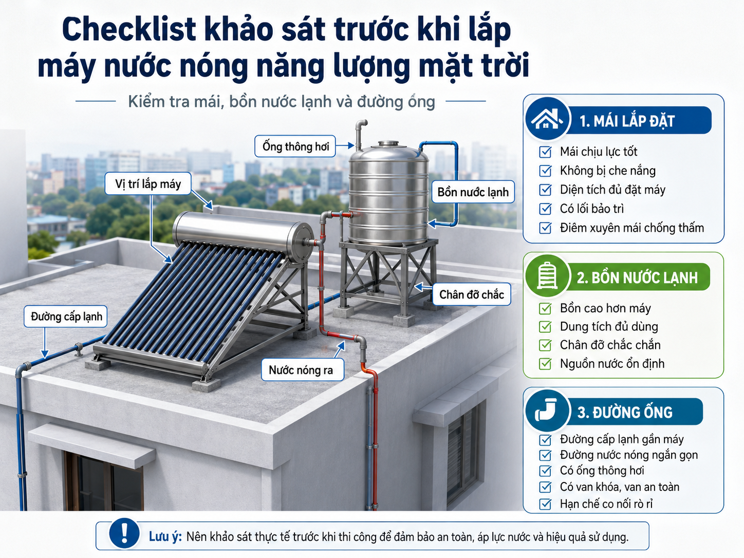 checklist khảo sát mái bồn nước lạnh và đường ống trước khi lắp máy nước nóng năng lượng mặt trời