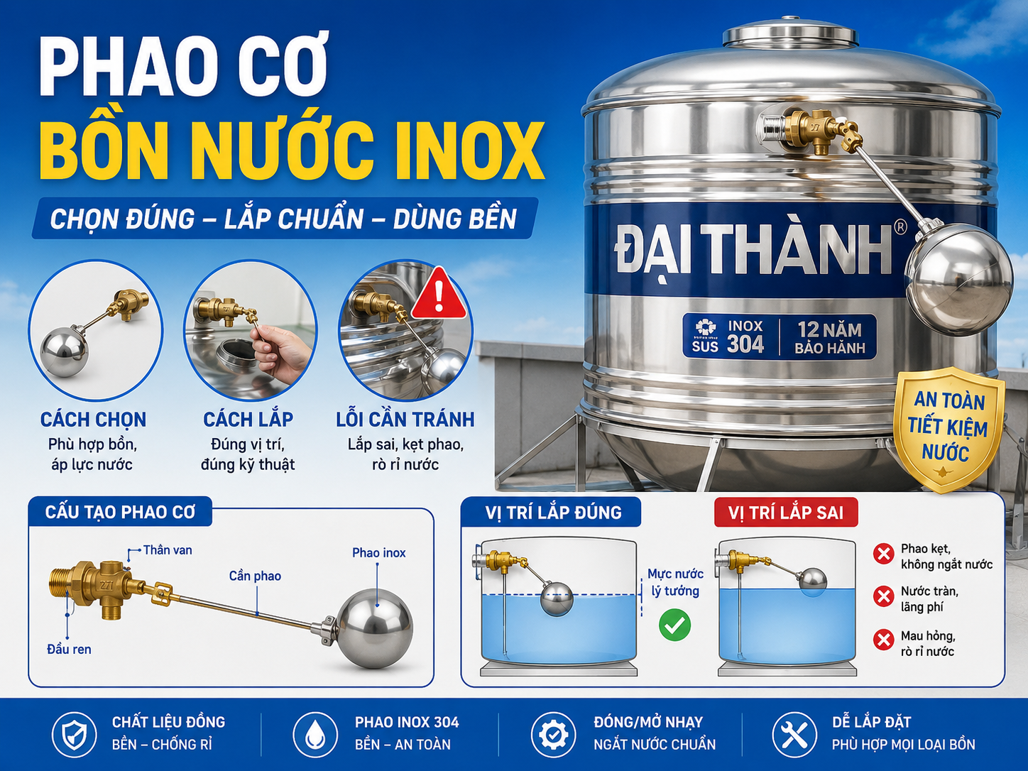 Vị trí phao cơ bồn nước inox trên hệ cấp nước Phao cơ bồn nước inox lắp tại đường nước vào để chống tràn