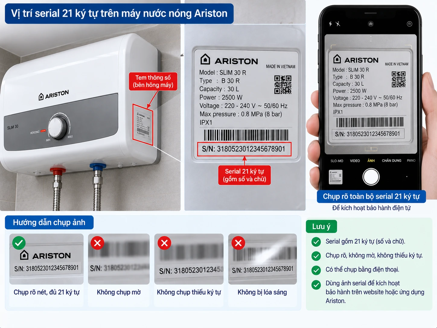 Chuẩn bị serial trước khi kích hoạt bảo hành điện tử Chụp serial 21 ký tự để kích hoạt bảo hành Ariston