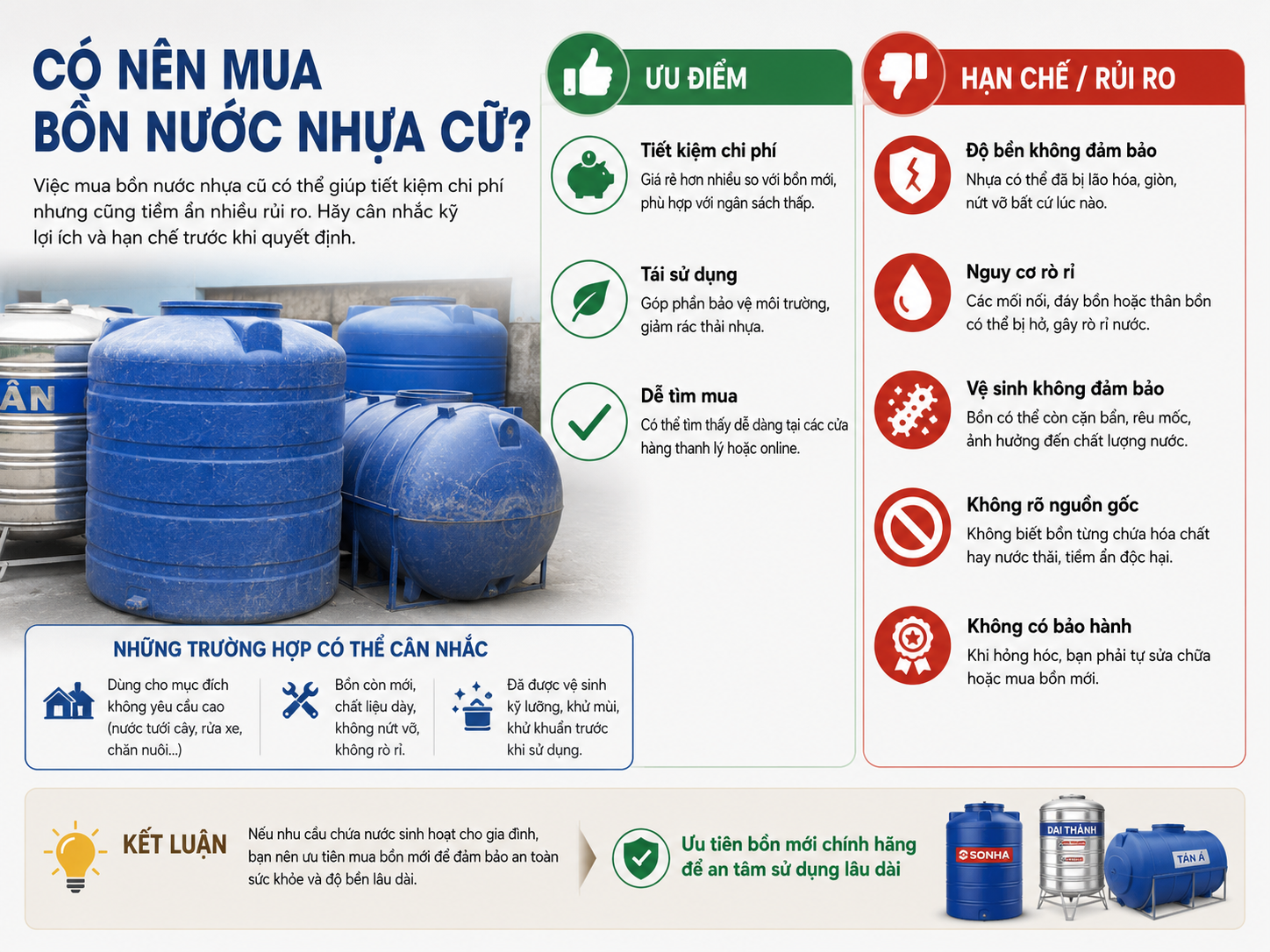 có nên mua bồn nước nhựa cũ không cần xem nguồn gốc và tình trạng bồn