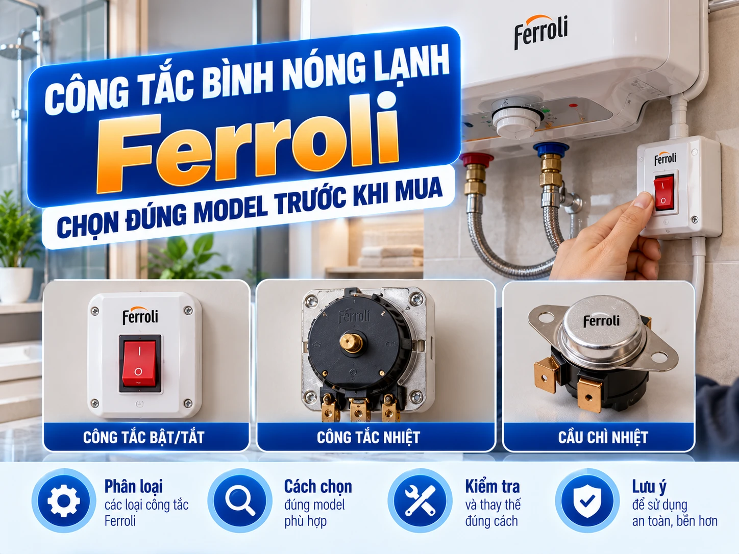 công tắc bình nóng lạnh Ferroli và chân kết nối thực tế
