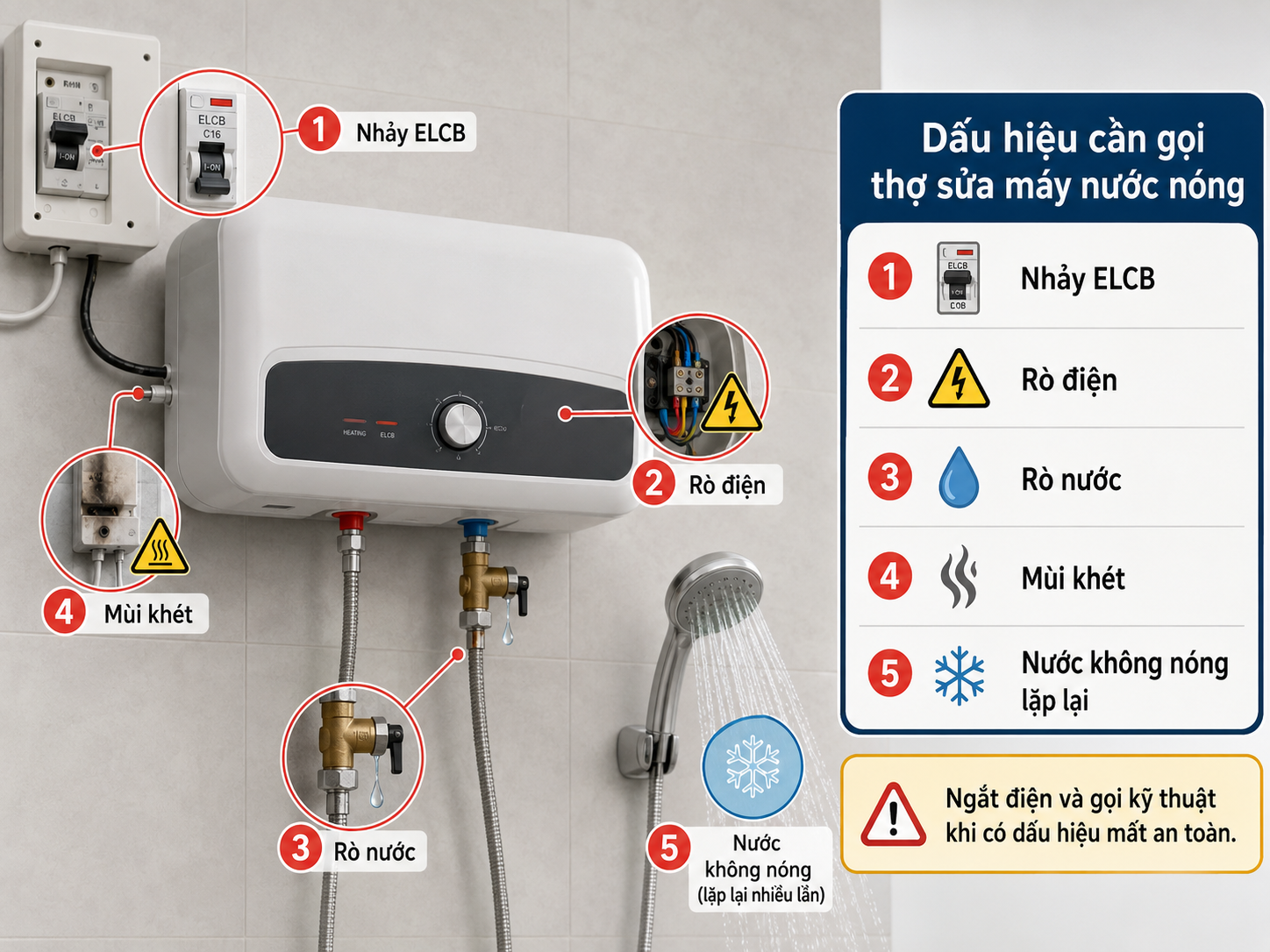 Dấu hiệu cần gọi thợ sửa máy nước nóng gồm nhảy ELCB rò điện rò nước mùi khét và nước không nóng lặp lại