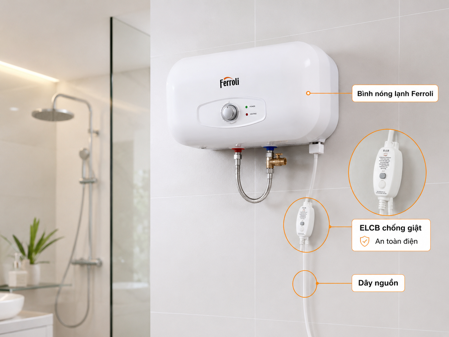 Dây nguồn chống giật ELCB Ferroli Dây nguồn chống giật ELCB Ferroli trên bình nóng lạnh trong phòng tắm